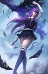 Rule 34 | 1girl, arm up, bad id, bad pixiv id, bird, black feathers, blurry, blurry background, dutch angle, feathers, gweni, hair between eyes, highres, knife, long hair, looking at viewer, original, pleated skirt, purple eyes, purple hair, school uniform, shirt, skirt, solo, sweater vest, very long hair, white shirt