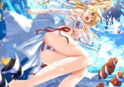 Rule 34 | 1girl, :d, ass, bare legs, barefoot, bikini, blonde hair, blurry, breasts, cleavage, clownfish, depth of field, fate/grand order, fate (series), fish, foreshortening, from below, front-tie top, green eyes, hair between eyes, hair intakes, hair ribbon, large breasts, long hair, nero claudius (fate), nero claudius (fate) (all), nero claudius (swimsuit caster) (fate), nero claudius (swimsuit caster) (third ascension) (fate), open mouth, petals, ribbon, side-tie bikini bottom, smile, solo, striped bikini, striped clothes, swimsuit, tsuuhan, underboob, underwater