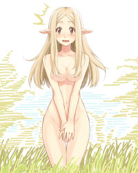 Rule 34 | 1girl, ^^^, bad id, bad pixiv id, blonde hair, blush, breasts, brown eyes, censored, collarbone, convenient censoring, covering crotch, covering privates, elf, embarrassed, face, getsumen, grass, hair censor, hair over breasts, hip focus, long hair, looking at viewer, medium breasts, navel, nude, nude cover, open mouth, original, pointy ears, solo, standing, surprised, v arms, wavy mouth, wide hips