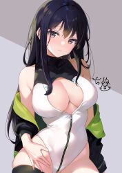 Rule 34 | 1girl, alice gear aegis, bare shoulders, black hair, blush, breasts, brown eyes, center opening, cleavage, companion/af, contrapposto, cowboy shot, hair between eyes, hand on own thigh, heattech leotard, highleg, highleg leotard, highres, jacket, jacket partially removed, kagome misaki, kakerayuri, large breasts, leotard, light smile, long hair, looking at viewer, mole, mole under eye, parted lips, signature, sleeveless turtleneck leotard, solo, turtleneck, zipper leotard