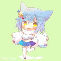 Rule 34 | 1girl, :d, animal ears, azur lane, bell, blue hair, blue skirt, blush, chibi, detached sleeves, fubuki (azur lane), full body, fur collar, green background, hair bell, hair ornament, jingle bell, kou hiyoyo, long sleeves, looking at viewer, midriff, navel, open mouth, outstretched arms, pleated skirt, shirt, skirt, smile, solo, spread arms, standing, standing on one leg, thighhighs, white shirt, white thighhighs, wide sleeves, yellow eyes