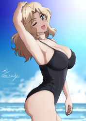 Rule 34 | 1girl, ;d, arm up, armpits, black one-piece swimsuit, blonde hair, blue eyes, blue sky, blurry, blurry background, blush, breasts, bukkuri, casual one-piece swimsuit, cleavage, collarbone, commentary request, cowboy shot, dated, day, depth of field, from side, girls und panzer, highres, horizon, kay (girls und panzer), large breasts, long hair, looking at viewer, looking to the side, ocean, one-piece swimsuit, one eye closed, open mouth, outdoors, parted bangs, signature, sky, smile, solo, sunlight, swimsuit, water