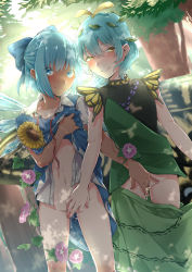 Rule 34 | 2girls, absurdres, arms at sides, blue eyes, blue hair, blurry, blurry background, blush, bottomless, bow, cirno, clothes lift, cowboy shot, day, eternity larva, fingering, flower, forest, hair bow, halterneck, highres, looking at viewer, multiple girls, mutual fingering, mutual masturbation, nature, navel, no panties, nooca, open clothes, outdoors, pussy juice, shirt, short hair, short sleeves, skirt, skirt lift, sleeveless, smile, standing, sunflower, touhou, tree, white shirt, wings, yellow eyes