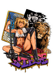Rule 34 | 1girl, abs, animal, animal ears, arknights, black footwear, black jacket, boots, breasts, brown eyes, cessa, character name, commentary, english commentary, full body, highres, jacket, leather, leather jacket, lion, lion ears, lion girl, looking at viewer, print tank top, red shorts, short shorts, shorts, siege (arknights), sitting, solo, studded choker, tank top, torn clothes, underboob, white tank top