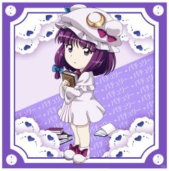 Rule 34 | 1girl, book, boots, character name, chibi, dress, frilled dress, frills, hair ornament, heart, long hair, looking at viewer, miniskirt, moon, patchouli knowledge, purple background, purple eyes, purple hair, remyfive, ribbon, signature, skirt, solo, straight hair, surprised, touhou, yin yang