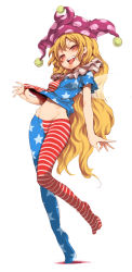 Rule 34 | 1girl, american flag dress, american flag legwear, blonde hair, breasts, clothes lift, clownpiece, commentary request, dress, dress lift, fairy wings, fangs, full body, groin, harusame (unmei no ikasumi), hat, highres, hip bones, jester cap, long hair, looking at viewer, midriff, naughty face, navel, no pants, no shoes, open mouth, pantyhose, pink eyes, polka dot, revision, ringed eyes, sharp teeth, short sleeves, small breasts, smile, solo, standing, standing on one leg, striped clothes, striped pantyhose, teeth, tongue, tongue out, touhou, transparent wings, very long hair, wavy hair, wings