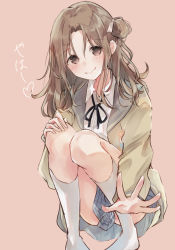 Rule 34 | 1girl, black ribbon, blush, brown eyes, brown hair, cardigan, closed mouth, collared shirt, feet out of frame, grey skirt, hair bun, hair ribbon, hand on own knee, ichikawa hinana, idolmaster, idolmaster shiny colors, kneehighs, long hair, looking at viewer, miniskirt, mogupon, neck ribbon, open cardigan, open clothes, open hand, outstretched arm, parted bangs, pink background, plaid, plaid skirt, pleated skirt, ribbon, school uniform, shirt, side bun, simple background, single hair bun, single side bun, skirt, smile, socks, solo, spread fingers, squatting, translation request, white shirt, white socks, yellow cardigan