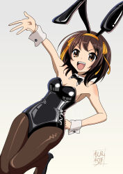 Rule 34 | 1girl, absurdres, akikaze hajime, animal ear headwear, animal ears, artist logo, black bow, black leotard, black pantyhose, bow, bowtie, breasts, brown eyes, brown hair, cleavage, detached collar, fake animal ears, hair ribbon, hairband, hand on own hip, highres, leotard, looking to the side, medium breasts, open mouth, outstretched arm, pantyhose, playboy bunny, rabbit ears, ribbon, simple background, solo, standing, standing on one leg, strapless, strapless leotard, suzumiya haruhi, suzumiya haruhi no yuuutsu, teeth, upper teeth only, white background, wrist cuffs, yellow hairband, yellow ribbon