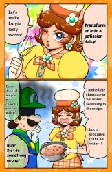 Rule 34 | 1boy, 1girl, brown hair, closed eyes, comic, cooking, earrings, facial hair, flower earrings, gloves, hat, jewelry, looking at another, luigi, mario (series), mustache, nintendo, one eye closed, overalls, princess daisy, puffy short sleeves, puffy sleeves, sad, short sleeves, speech bubble, talking, wink