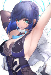 Rule 34 | 1girl, absurdres, armpits, arms up, asaikeu, bare shoulders, blue eyes, blue hair, bob cut, braid, breasts, cleavage, commentary, fur-trimmed jacket, fur trim, genshin impact, highres, jacket, large breasts, looking at viewer, parted lips, short hair, sleeveless, solo, upper body, white jacket, yelan (genshin impact)