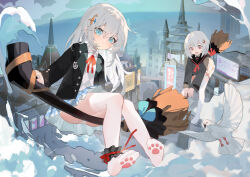 Rule 34 | 2girls, absurdres, ankle garter, bird, black jacket, black sailor collar, black shirt, blazer, blue eyes, blue skirt, broom, broom riding, chinese commentary, closed mouth, commentary request, full body, grey hair, hair between eyes, hair ornament, highres, jacket, kele mimi, long hair, long sleeves, looking at viewer, miniskirt, multiple girls, neck ribbon, neckerchief, open mouth, original, outdoors, panties, pantyshot, paw print soles, plaid, plaid skirt, pleated skirt, red eyes, red neckerchief, red ribbon, red skirt, ribbon, sailor collar, shirt, short hair, skirt, soles, star (symbol), star hair ornament, thighhighs, toes, underwear, white panties, white shirt, white thighhighs
