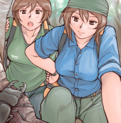 Rule 34 | 00s, 2girls, bandana, beetle, breasts, brown eyes, brown hair, bug, casual, hand on own hip, hiking, hip focus, bug, large breasts, multiple girls, aged up, open mouth, pants, rozen maiden, shirt, siblings, sisters, sleeves rolled up, smile, souseiseki, suiseiseki, tsuda nanafushi, twins