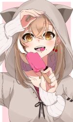 Rule 34 | 1girl, absurdres, animal hood, arm up, berry, black choker, brown eyes, brown hair, brown hoodie, choker, crossed bangs, earrings, ears through headwear, eating, fangs, food, food-themed earrings, highres, holding, holding food, holding popsicle, hololive, hololive english, hood, hood up, hoodie, jewelry, long hair, looking at viewer, multicolored hair, nail art, nanashi mumei, nanashi mumei (casual), necklace, official alternate costume, oversized clothes, popsicle, red shirt, runes, sayo0692, shirt, simple background, sleeves past wrists, streaked hair, sweater, upper body, virtual youtuber, white sweater