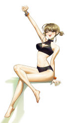 Rule 34 | 1girl, ;d, absurdres, arm up, barefoot, bikini, blonde hair, blush, bracelet, breasts, cleavage, cleavage cutout, clothing cutout, feet, full body, ghdwid, highres, invisible chair, jewelry, mole, mole under eye, navel, one eye closed, open mouth, original, short hair, short twintails, simple background, sitting, smile, solo, swimsuit, toes, twintails, white background