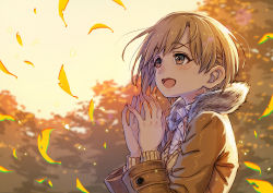 Rule 34 | 1girl, :d, aiba yumi, autumn, autumn leaves, beige vest, blush, brown eyes, brown jacket, buttons, chromatic aberration, collared shirt, dress shirt, evening, falling leaves, forest, from side, fur-trimmed jacket, fur trim, hands up, idolmaster, idolmaster cinderella girls, jacket, kusano shinta, leaf, light brown hair, light particles, long sleeves, nature, nose blush, open mouth, outdoors, own hands together, shirt, short hair, sky, smile, solo, sweater vest, swept bangs, tree, upper body, white shirt, wind, yellow sky