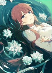Rule 34 | 158ane, 1girl, afloat, blue eyes, blush, brown hair, choker, dress, flower, hand on own arm, highres, light smile, long hair, long sleeves, looking at viewer, lying, mochizuki honami, on back, partially submerged, project sekai, ripples, sidelocks, solo, very long hair, white choker, white dress, white flower