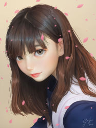 Rule 34 | 1girl, artist name, blouse, blue shirt, brown eyes, brown hair, cherry blossoms, closed mouth, commentary, dated, from side, geo siador, highres, lips, long hair, looking at viewer, original, petals, pink lips, shirt, signature, simple background, solo, tan background, upper body, white legwear