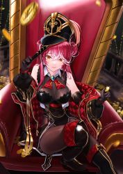 Rule 34 | 1girl, absurdres, anizi, black footwear, black jacket, black leotard, blush, boots, breasts, brown pantyhose, cleavage, closed mouth, coin, gloves, gold coin, hair between eyes, hat, high heel boots, high heels, highres, holding, holding coin, hololive, houshou marine, houshou marine (marching band), jacket, large breasts, leotard, long hair, long sleeves, looking at viewer, multicolored hair, open clothes, open jacket, orange eyes, pantyhose, puffy long sleeves, puffy sleeves, red hair, see-through, see-through cleavage, shako cap, sitting, solo, streaked hair, thigh boots, virtual youtuber, white hair