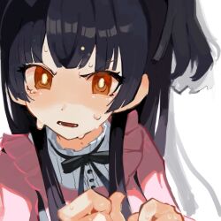Rule 34 | 1girl, black bow, black bowtie, black hair, blunt bangs, blunt ends, bow, bowtie, bright pupils, brown eyes, frilled shirt, frills, furrowed brow, highres, idolmaster, idolmaster shiny colors, jirai kei, long hair, looking at viewer, lower teeth only, mayuzumi fuyuko, odayaka (ekaku tempa), own hands together, parted lips, pink shirt, shadow, shirt, solo, striped clothes, striped shirt, sweat, teeth, two side up, white background, white pupils, white shirt