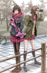 Rule 34 | 2girls, bench, binoculars, blush, bow (weapon), brown hair, commentary, compound bow, crossbow, fence, fur trim, highres, holding, holding weapon, hoshino tatsuya, jacket, kneehighs, loafers, long hair, multiple girls, original, pantyhose, plaid, plaid skirt, scarf, school uniform, scope, shoes, skirt, socks, trigger discipline, weapon, winter clothes