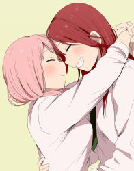 Rule 34 | 2girls, ^ ^, bang dream!, blush, closed eyes, face-to-face, forehead-to-forehead, green background, green neckwear, grin, heads together, hug, long hair, long sleeves, low twintails, multiple girls, murata (igaratara), necktie, pink hair, red hair, shirt, simple background, smile, twintails, udagawa tomoe, uehara himari, upper body, white shirt, yuri