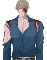Rule 34 | 1boy, belt, blonde hair, blood, blood on clothes, blood on face, blue shirt, brown eyes, grey pants, highres, injury, jujutsu kaisen, looking at viewer, lovemycat18, male focus, nanami kento, pants, parted lips, shirt, short hair, solo, torn clothes, torn shirt, torn sleeve, upper body, white background