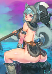 Rule 34 | animal ears, ass, axe, blue hair, blush, breasts, covered erect nipples, f.s., highres, large breasts, lipstick, makeup, nail polish, short hair, sideboob, tail, yellow eyes
