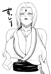 Rule 34 | 1girl, absurdres, anger vein, angry, black eyes, blush, grabbing another&#039;s breast, breasts, breasts out, cleavage, cropped torso, disembodied hand, facial mark, facing viewer, grabbing, highres, huge breasts, male hand, monochrome, naruto, naruto (series), open clothes, simple background, tsunade (naruto), upper body, white background