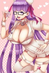 Rule 34 | 1girl, absurdres, bb (bb shot!) (fate), bb (fate), blush, breasts, choker, cleavage, dress, fate/grand order, fate (series), hair ribbon, hat, highres, large breasts, long hair, looking at viewer, nurse cap, one eye closed, open mouth, pink ribbon, purple eyes, purple hair, ribbon, short dress, short sleeves, smile, solo, syringe, thighhighs, thighs, utani (punishment), very long hair, white choker, white dress, white hat, white thighhighs, wrist cuffs