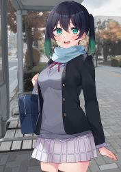 Rule 34 | 1girl, :d, absurdres, arm at side, bag, black hair, black jacket, black thighhighs, blue scarf, blurry, blurry background, blush, breasts, bus stop, colored tips, commentary request, cowboy shot, cream (nipakupa), gradient hair, green eyes, green hair, grey sweater, hair between eyes, highres, jacket, long sleeves, looking at viewer, love live!, love live! nijigasaki high school idol club, medium breasts, multicolored hair, neck ribbon, open mouth, outdoors, pleated skirt, ribbon, scarf, school bag, school uniform, shirt, short twintails, shoulder bag, sidelocks, skirt, smile, solo, sweater, takasaki yu, teeth, thighhighs, twintails, two-tone hair, upper teeth only, white shirt, white skirt, zettai ryouiki