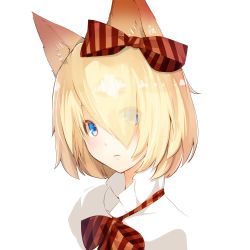 Rule 34 | 1girl, animal ears, artist name, blonde hair, blue eyes, bow, bowtie, brown bow, brown bowtie, closed mouth, eyes visible through hair, fox ears, frilled shirt collar, frills, hair bow, hair over one eye, looking at viewer, meth (emethmeth), original, portrait, short hair, signature, simple background, sketch, solo, striped bow, striped bowtie, striped clothes, striped neckwear, upper body, white background