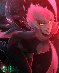 Rule 34 | 1girl, blue skin, breasts, colored skin, darkness, evelynn (league of legends), facebook username, fiery hair, high heels, highres, kitty puddin, league of legends, leaning forward, lips, looking at viewer, medium breasts, multicolored hair, nose, pink hair, sidelocks, solo, tentacles, tumblr username, twitter username, white hair, yellow eyes