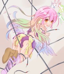 Rule 34 | 1girl, aged down, angel wings, ass, commentary request, spiked halo, embarrassed, feathered wings, gradient hair, halo, highres, jibril (no game no life), jingdong ssa, long hair, low wings, magic circle, multicolored hair, no game no life, open mouth, pink hair, shoes, single shoe, solo, torn clothes, very long hair, wing ears, wings