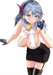 Rule 34 | 1girl, ako (blue archive), bad id, bad twitter id, bare arms, bell, black gloves, black skirt, black thighhighs, blue archive, blue eyes, blue hair, blush, breasts, cleavage, cowbell, cowboy shot, garter straps, gloves, hairband, half gloves, highres, large breasts, leaning forward, ni mochi, open clothes, pencil skirt, red ribbon, ribbon, sideboob, simple background, single garter strap, skirt, sleeveless, smile, solo, thighhighs, unbuttoned, unbuttoned shirt, white background