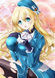 Rule 34 | 10s, 1girl, atago (kancolle), black gloves, black pantyhose, blonde hair, blush, breasts, colorized, gloves, green eyes, hat, highres, jacket, kantai collection, large breasts, long hair, military, military jacket, military uniform, open mouth, pantyhose, personification, smile, solo, torn clothes, torn pantyhose, tsuruoka masayoshi to junjou romantica 2, uniform, wt