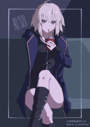 Rule 34 | 1girl, ahoge, aoi suzu, black dress, black footwear, blue coat, blush, boots, breasts, coat, cup, dress, drink, fate/grand order, fate (series), fur-trimmed coat, fur-trimmed sleeves, fur trim, hair between eyes, highres, holding, jeanne d&#039;arc alter (fate), jeanne d&#039;arc alter (ver. shinjuku 1999) (fate), jewelry, long sleeves, looking at viewer, medium breasts, necklace, official alternate costume, open clothes, open coat, short hair, simple background, sitting, solo, thighs, white hair, yellow eyes