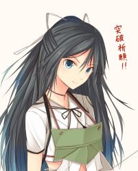 Rule 34 | 10s, 1girl, arms at sides, bad id, bad twitter id, black hair, blue eyes, hair between eyes, japanese clothes, kanpyo (hghgkenfany), kantai collection, katsuragi (kancolle), long hair, looking at viewer, midriff, ponytail, short sleeves, simple background, smile, solo, white background