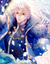 Rule 34 | 1boy, armor, black gloves, blonde hair, blue cape, blue eyes, cape, collared cape, eyebrows, fate/extra, fate/grand order, fate (series), flower, fur collar, gauntlets, gawain (fate), gloves, knight, knights of the round table (fate), long sleeves, looking at viewer, male focus, miyata mozuku, parted lips, petals, short hair, smile, solo, upper body