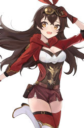 Rule 34 | :d, adjusting eyewear, amber (genshin impact), blush, boots, bow hairband, breasts, brown eyes, brown hair, cleavage, commentary request, cropped jacket, crossed bangs, floating hair, genshin impact, gloves, goggles, goggles on head, hairband, hand on eyewear, highres, jacket, leg up, long hair, looking at viewer, medium breasts, open mouth, ponzu pon9, red hairband, red jacket, short shorts, shorts, sleeves rolled up, smile, standing, standing on one leg, thigh boots, thighhighs, thighs, zettai ryouiki
