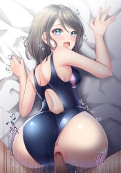 Rule 34 | 1girl, ass, blue eyes, blush, breasts, censored, clothing aside, commentary request, competition swimsuit, doggystyle, hair between eyes, highres, looking back, love live!, love live! sunshine!!, medium breasts, mosaic censoring, one-piece swimsuit, open mouth, penis, pussy, sex, sex from behind, short hair, sugamo (dorori04), swimsuit, watanabe you