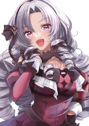 Rule 34 | 1girl, :d, bad id, bad twitter id, blush, breasts, brown gloves, brown ribbon, chest tattoo, dress, drill hair, gloves, grey hair, hair ribbon, hairband, hand up, hyakumantenbara salome, hyakumantenbara salome (1st costume), izumi akane, juliet sleeves, large breasts, long hair, long sleeves, looking at viewer, nijisanji, open mouth, puffy sleeves, purple eyes, red dress, ribbon, simple background, smile, solo, tattoo, upper body, virtual youtuber, white background