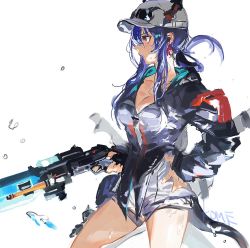 Rule 34 | 1girl, arknights, baseball cap, black shorts, breasts, ch&#039;en (arknights), ch&#039;en the holungday (arknights), cleavage, cowboy shot, dragon girl, dragon horns, dragon tail, earpiece, eyewear on headwear, folded ponytail, frischenq, from side, gun, hand on own hip, hat, holding, holding gun, holding weapon, horns, medium breasts, official alternate costume, profile, red eyes, shorts, sidelocks, simple background, solo, sunglasses, tail, water gun, weapon, wet, white background, white hat