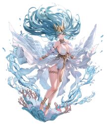 Rule 34 | 1girl, anklet, aqua eyes, aqua hair, barefoot, breasts, cleavage, coral, destiny child, dress, floating clothes, floating hair, full body, huge breasts, jewelry, long hair, looking at viewer, ludaf, official art, simple background, skindentation, solo, tassel, thetis (destiny child), thigh strap, transparent background, very long hair, water, wet, white dress
