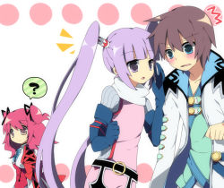 Rule 34 | 1boy, 2girls, ?, asbel lhant, bad id, bad pixiv id, blue eyes, brown eyes, brown hair, cheria barnes, multiple girls, pink hair, purple eyes, purple hair, sophie (tales), soranagi, ^^^, tales of (series), tales of graces, twintails, two side up, white background