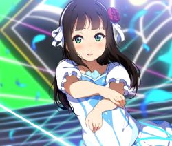 Rule 34 | 1girl, bad id, bad pixiv id, black hair, blue feathers, blurry, blurry background, blush, feathers, flower, green eyes, hair flower, hair ornament, hair ribbon, hairband, hand on own elbow, icehotmilktea, kurosawa dia, light beam, long hair, looking at viewer, love live!, love live! sunshine!!, mole, mole under mouth, open mouth, red flower, red rose, ribbon, rose, short sleeves, skirt, solo, water blue new world, white ribbon