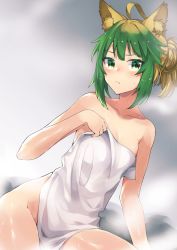Rule 34 | 1girl, ahoge, alternate hairstyle, animal ears, arm support, atalanta (fate), blonde hair, blush, breasts, cat ears, cleavage, fate/apocrypha, fate/grand order, fate (series), green eyes, green hair, groin, hair between eyes, looking at viewer, naked towel, pout, short hair, small breasts, solo, steam, sweat, tanaka arumi, thighs, towel