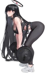 Rule 34 | 1girl, absurdres, barbell, bare shoulders, bent over, black hair, black pants, black sports bra, blue archive, blush, breasts, cleavage, exercise, hair ornament, hairclip, halo, highres, large breasts, leviathan (hikinito0902), long hair, pants, red eyes, rio (blue archive), shoes, sneakers, solo, sports bra, tight clothes, tight pants, weightlifting, white background, yoga pants
