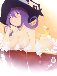 Rule 34 | 1girl, :3, absurdres, aetherion, ass, bath, bathtub, blair (soul eater), blush, breasts, bubble, butt crack, closed mouth, convenient censoring, hat, highres, large breasts, nude, purple hair, rubber duck, smile, soap bubbles, solo, soul eater, split mouth, witch hat, yellow eyes