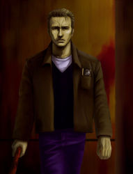 Rule 34 | 1boy, artist request, brown hair, denim, harry mason, jacket, jeans, lead pipe, lowres, male focus, pants, short hair, silent hill, silent hill (series), silent hill 1, solo