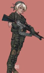 Rule 34 | 1girl, absurdres, assault rifle, bandana, bipod, blonde hair, boots, brown footwear, camouflage, camouflage pants, check weapon, commentary, dark elf, elf, english commentary, extended magazine, foot out of frame, full body, gloves, green bandana, green gloves, green pants, gun, highres, knee pads, looking at viewer, m16, m16a4, military, original, pants, parted lips, philippines, pointy ears, puto trash, rifle, scope, sharp teeth, short hair, short sleeves, simple background, soldier, solo, standing, tactical clothes, teeth, tiger stripes, trigger discipline, weapon, weapon request, yellow eyes
